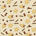 Seamless pattern of cookies heart star shape form cinnamon cardamom on brown. Hand drawn color vintag